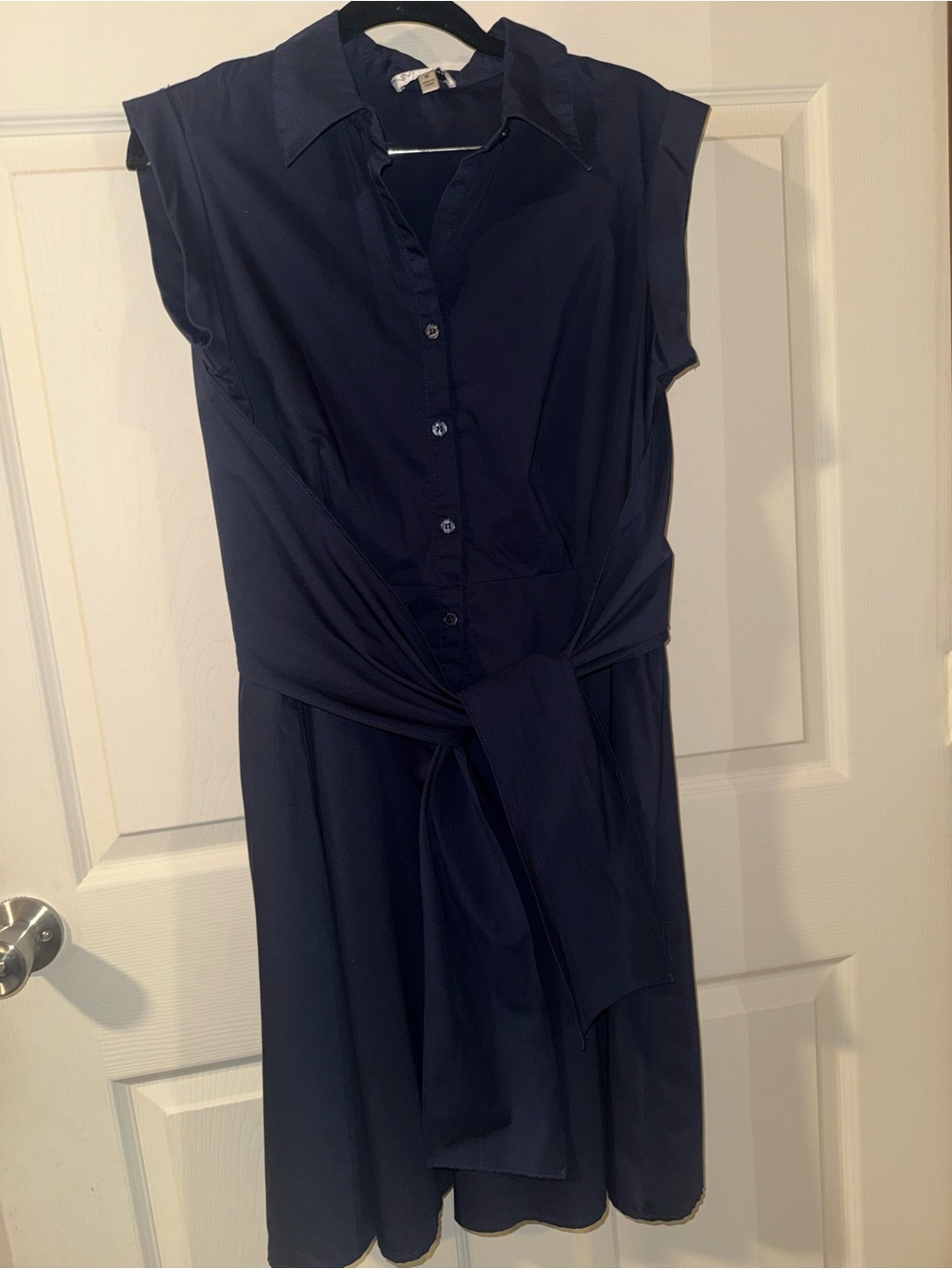 Neiman Marcus Sleeveless Navy Tie-Waist Shirt Dress, Size M